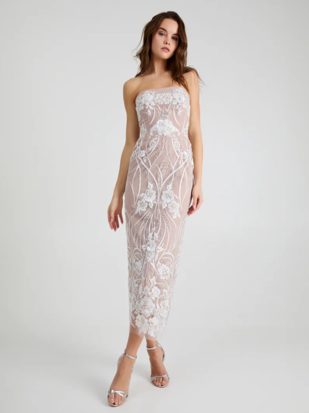 helsi catherine off white nude floral embroidered lace strapless maxi dress XS